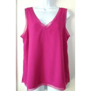 CHELSEA28 Small Hot Pink Chiffon V-Neck Front & Back & Sheer Trim Tank
